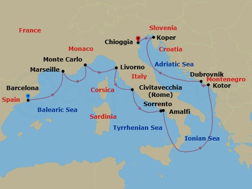 11 Night - Best of the Mediterranean Cruise : Monte Carlo, Amalfi & Venice - Azamara Journey - Starting in Barcelona, Provence (Marseille), Monte Carlo, Florence / Pisa (Livorno), Rome (Civitavecchia), Sorrento, Amalfi, Kotor, Dubrovnik, Croatia, Koper, Venice (Chioggia) itinerary map