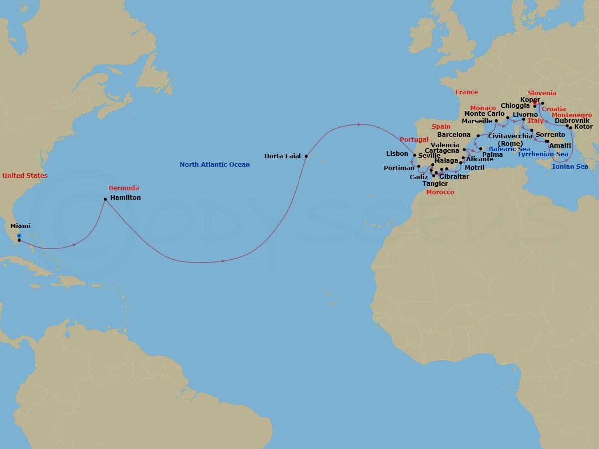 37 Night - Miami to Venice Transatlantic Grand Voyage - Azamara Journey - Starting in Miami, Florida, Hamilton, Horta, Azores, Lisbon, Portimao, Seville, Cadiz, Tangier, Malaga, Gibraltar, Granada (Motril), Cartagena ES, Alicante, Valencia, Palma, Majorca, Barcelona, Provence (Marseille), Monte Carlo, Florence / Pisa (Livorno), Rome (Civitavecchia), Sorrento, Amalfi, Kotor, Dubrovnik, Croatia, Koper, Venice (Chioggia) itinerary map