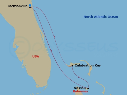 4 Night - Bahamas - Carnival Elation - Starting in Jacksonville, FL, Celebration Key, the Bahamas, Nassau, Bahamas, Jacksonville, FL itinerary map