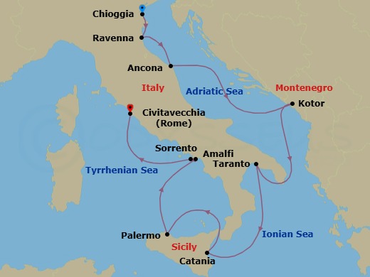 10 Night - Italy Intensive Cruise : Venice, Sicily & Amalfi - Azamara Journey - Starting in Venice (Chioggia), Bologna (Ravenna), Ancona, Kotor, Taranto, Catania, (Sicily), Sicily (Palermo), Amalfi, Sorrento, Rome (Civitavecchia) itinerary map