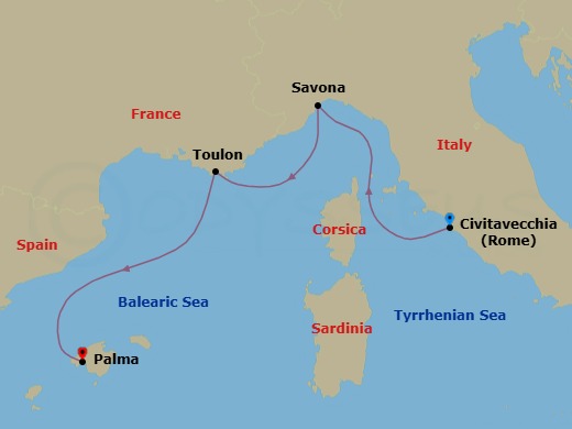 3 Night - Southern Europe from Rome (Civitavecchia) to Palma De Mallorca - Costa Pacifica - Starting in Civitavecchia (Rome), Savona, La Seyne (St Tropez), Palma De Mallorca itinerary map