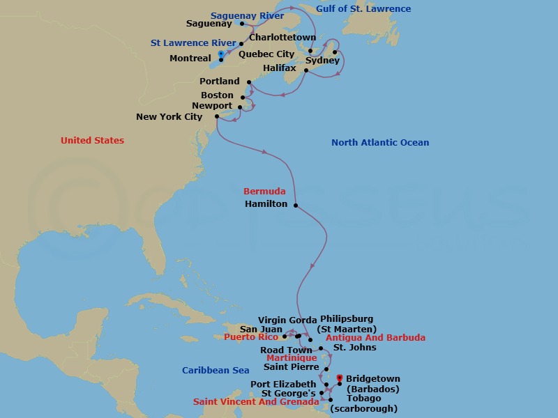 26 Night - Canada & Caribbean Combination Cruise : Montreal, Quebec & Barbados - Azamara Journey - Starting in Montreal, Quebec, Quebec City, Quebec, Scenic Cruising Saguenay Fjord, Saguenay, Quebec, Charlottetown, Prince Edward Island, Sydney NS, Nova Scotia, Halifax, Nova Scotia, Portland ME, Boston, Massachusetts, Cape Cod Canal Cruising, Newport, Rhode Island, New York City, New York, Hamilton, Philipsburg, Road Town, Tortola, San Juan, Virgin Gorda, St Johns AG, Saint-Pierre, Port Elizabeth VC, Bequia, Saint Georges, Grenada, Scarborough, Tobago, Bridgetown itinerary map