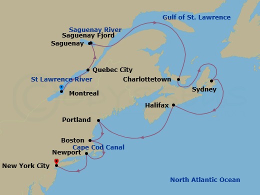 10 Night - Canada & New England Cruise : Quebec City, Halifax & Portland - Azamara Journey - Starting in Montreal, Quebec, Quebec City, Quebec, Scenic Cruising Saguenay Fjord, Saguenay, Quebec, Charlottetown, Prince Edward Island, Sydney NS, Nova Scotia, Halifax, Nova Scotia, Portland ME, Boston, Massachusetts, Cape Cod Canal Cruising, Newport, Rhode Island, New York City, New York itinerary map