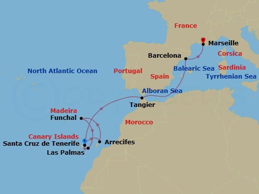 11 Night - Western Mediterranean from Santa Cruz (Tenerife) - Costa Smeralda - Starting in Santa Cruz de Tenerife, Arrecife (Lanzarote), Funchal (Madeira), Las Palmas (Gran Canaria), Santa Cruz de Tenerife, Tangier, Barcelona, Marseille itinerary map