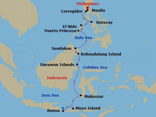 13 Night - Island Treasures : Indonesia & Philippines - Atlas Adventurer - Starting in Benoa (Bali), Moyo Island, Makassar (Sulawesi), Makassar Strait Scenic Navigation, Derawan Islands, Boheydulang Island, Sandakan (Borneo), Puerto Princesa (Palawan), El Nido (Palawan), Boracay, Corregidor Island, Manila itinerary map