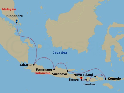 9 Night - Panoramas & Pagodas : Singapore & Indonesia - Atlas Adventurer - Starting in Singapore, Java Sea Scenic Navigation, Jakarta, (Java), Semarang (Java), Surabaya, Java Sea Scenic Navigation, Komodo Island, Moyo Island, Lembar (Lombok), Benoa (Bali) itinerary map