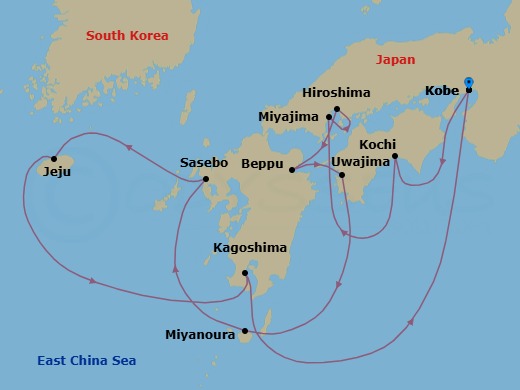 12 Night - Far East Mystique : Japan (Preview Voyage) - Atlas Adventurer - Starting in Kobe (Osaka), Kochi, Miyajima Island, Hiroshima, Beppu, Uwajima, Miyanoura, Yakushima Island, Sasebo, Jeju City (Jeju Island), Kagoshima, Kobe (Osaka) itinerary map