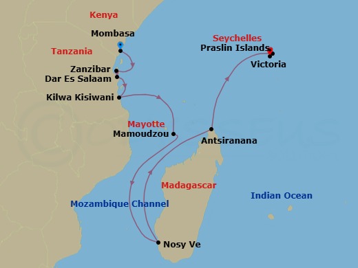 10 Night - Wild Isles & African Grandeur : Seychelles, Madagascar, Tanzania & Kenya - Atlas Adventurer - Starting in Mombasa, Zanzibar, Dar Es Salaam, Kilwa Kisiwani, Indian Ocean Scenic Navigation, Mamoudzou, Nosy Be, Antsiranana, Indian Ocean Scenic Navigation, Praslin, Victoria SC (Mahe) itinerary map