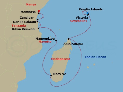 10 Night - East African Isles : Seychelles, Madagascar, Tanzania & Kenya - Atlas Adventurer - Starting in Victoria SC (Mahe), Praslin, Indian Ocean Scenic Navigation, Antsiranana, Nosy Be, Mamoudzou, Indian Ocean Scenic Navigation, Kilwa Kisiwani, Dar Es Salaam, Zanzibar, Mombasa itinerary map