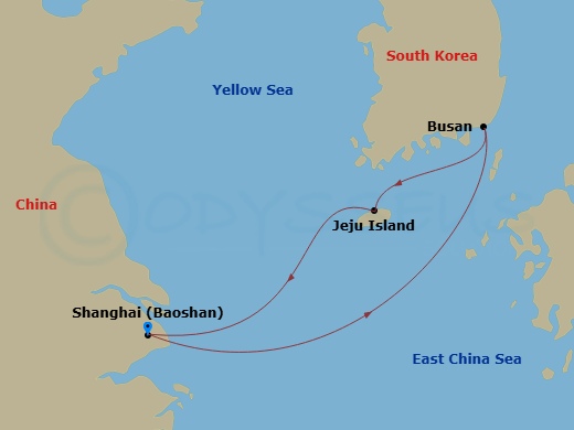 5 Night - Busan & Jeju Cruise - Spectrum of the Seas - Starting in Shanghai (Baoshan), China, Busan, South Korea, Jeju (Seogwipo), South Korea, Shanghai (Baoshan), China itinerary map