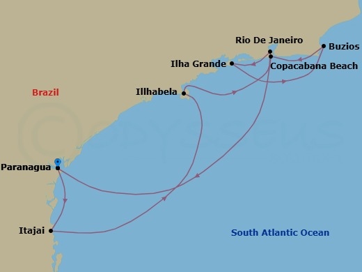 7 Night - South America - MSC Musica - Starting in Paranagua, Brazil, Itajai, Brazil, Ilhabela, Brazil, Rio De Janeiro, Brazil, Ilha Grande, Brazil, Buzios, Brazil, Copacabana (Rio de Janeiro), Brazil, Paranagua, Brazil itinerary map