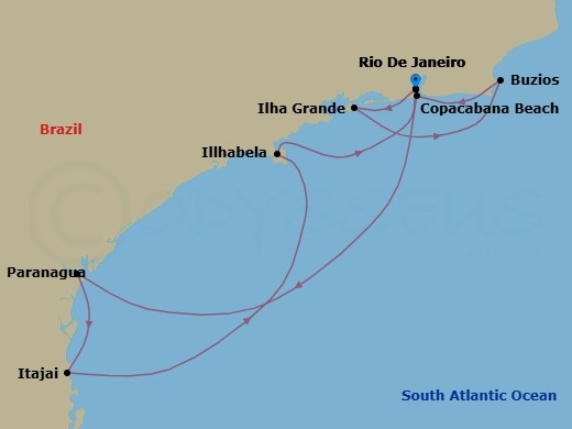 7 Night - South America - MSC Musica - Starting in Rio De Janeiro, Brazil, Ilha Grande, Brazil, Buzios, Brazil, Copacabana (Rio de Janeiro), Brazil, Paranagua, Brazil, Itajai, Brazil, Ilhabela, Brazil, Rio De Janeiro, Brazil itinerary map