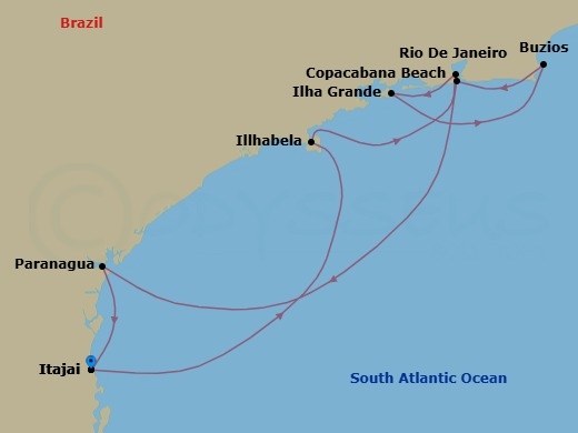 7 Night - South America - MSC Musica - Starting in Itajai, Brazil, Ilhabela, Brazil, Rio De Janeiro, Brazil, Ilha Grande, Brazil, Buzios, Brazil, Copacabana (Rio de Janeiro), Brazil, Paranagua, Brazil, Itajai, Brazil itinerary map