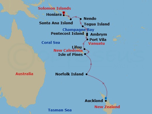 13 Night - Cruising the Pacific Islands : New Caledonia, Vanuatu & Solomon Islands - SH Minerva - Starting in Auckland, Norfolk Island, Isle of Pines, Lifou Island, Port Vila, Efate island, Ambrym Island, Pentecost Island, Champagne Bay, Tegua Island, Lata, Nendo Island, Santa Ana Island, Honiara itinerary map