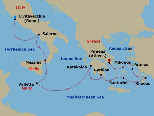 11 Night - Ionian & Aegean Wonders - Oceania Marina - Starting in Rome (Civitavecchia), Salerno, Messina (Sicily), Valletta, Katakolon, Gythion, Santorini, Rhodes, Patmos, Mykonos, Athens (Piraeus) itinerary map
