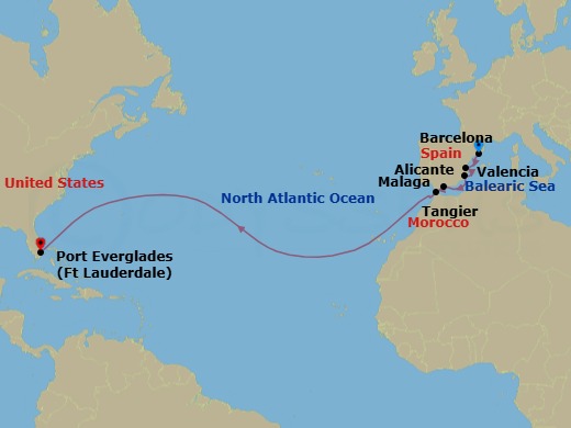 14 Night - Cultural Crossing with Spain & Morocco - Rotterdam - Starting in Barcelona, Spain, Valencia, Spain, Alicante, Spain, Malaga, Spain, Tangier, Morocco, Fort Lauderdale, Florida itinerary map