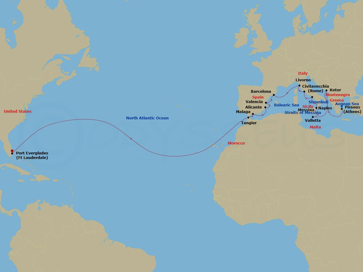 24 Night - Mediterranean Cultural Crossing : Greece, Italy, Spain - Rotterdam - Starting in Piraeus (Athens), Greece, Kotor, Montenegro, Valletta, Malta, Messina, Italy, Cruising Strait of Messina, Evening cruising Stromboli Volcano, Naples (Pompeii / Amalfi), Italy, Civitavecchia (Rome), Italy, Livorno (Florence / Pisa), Italy, Barcelona, Spain, Valencia, Spain, Alicante, Spain, Malaga, Spain, Tangier, Morocco, Fort Lauderdale, Florida itinerary map