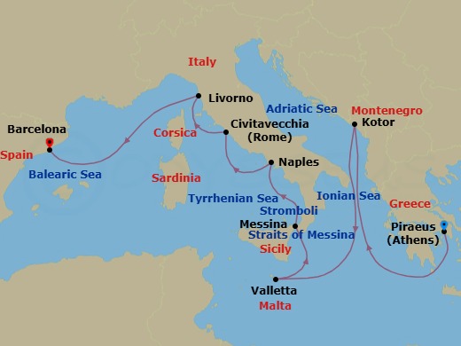 10 Night - Mediterranean Splendor : Italy with Rome Evening Stay - Rotterdam - Starting in Piraeus (Athens), Greece, Kotor, Montenegro, Valletta, Malta, Messina, Italy, Cruising Strait of Messina, Evening cruising Stromboli Volcano, Naples (Pompeii / Amalfi), Italy, Civitavecchia (Rome), Italy, Livorno (Florence / Pisa), Italy, Barcelona, Spain itinerary map