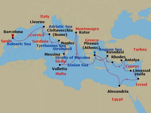 21 Night - Greek Isles & Mediterranean : Egypt, Holy Land & Italy - Rotterdam - Starting in Piraeus (Athens), Greece, Alexandria EG (Cairo), Egypt, Haifa (Tel Aviv), Israel, Limassol, Cyprus, Antalya, Turkey, Rhodes, Greece, Kusadasi (Ephesus), Turkey, Piraeus (Athens), Greece, Kotor, Montenegro, Valletta, Malta, Messina, Italy, Cruising Strait of Messina, Evening cruising Stromboli Volcano, Naples (Pompeii / Amalfi), Italy, Civitavecchia (Rome), Italy, Livorno (Florence / Pisa), Italy, Barcelona, Spain itinerary map