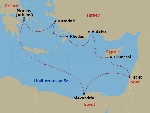 11 Night - Greek Isles : Egypt & the Holy Land - Rotterdam - Starting in Piraeus (Athens), Greece, Alexandria EG (Cairo), Egypt, Haifa (Tel Aviv), Israel, Limassol, Cyprus, Antalya, Turkey, Rhodes, Greece, Kusadasi (Ephesus), Turkey, Piraeus (Athens), Greece itinerary map