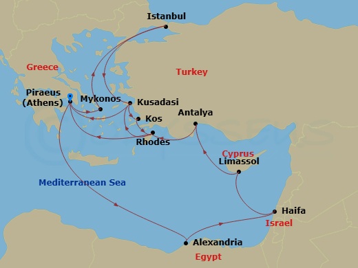21 Night - Greek Isles with Istanbul & Holy Land Overnights - Rotterdam - Starting in Piraeus (Athens), Greece, Mykonos, Greece, Istanbul, Turkey, Kusadasi (Ephesus), Turkey, Kos, Greece, Rhodes, Greece, Piraeus (Athens), Greece, Alexandria EG (Cairo), Egypt, Haifa (Tel Aviv), Israel, Limassol, Cyprus, Antalya, Turkey, Rhodes, Greece, Kusadasi (Ephesus), Turkey, Piraeus (Athens), Greece itinerary map