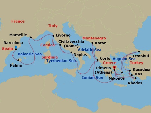 21 Night - Mediterranean & Greek Isles : Istanbul Overnight - Rotterdam - Starting in Barcelona, Spain, Palma De Mallorca, Spain, Marseille (Provence), France, Livorno (Florence / Pisa), Italy, Civitavecchia (Rome), Italy, Naples (Pompeii / Amalfi), Italy, Kerkira, (Corfu), Greece, Kotor, Montenegro, Piraeus (Athens), Greece, Mykonos, Greece, Istanbul, Turkey, Kusadasi (Ephesus), Turkey, Kos, Greece, Rhodes, Greece, Piraeus (Athens), Greece itinerary map
