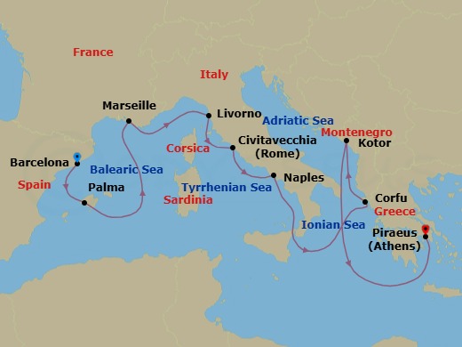 11 Night - Mediterranean Splendor : Spain, Italy & Greece - Rotterdam - Starting in Barcelona, Spain, Palma De Mallorca, Spain, Marseille (Provence), France, Livorno (Florence / Pisa), Italy, Civitavecchia (Rome), Italy, Naples (Pompeii / Amalfi), Italy, Kerkira, (Corfu), Greece, Kotor, Montenegro, Piraeus (Athens), Greece itinerary map