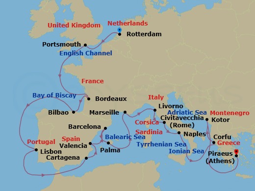 21 Night - Iberia & Mediterranean : Spain, Italy & Greece - Rotterdam - Starting in Rotterdam, the Netherlands, Portsmouth UK, Le Verdon (Bordeaux), France, Bilbao, Lisbon, Portugal, Cartagena ES, Valencia, Spain, Barcelona, Spain, Palma De Mallorca, Spain, Marseille (Provence), France, Livorno (Florence / Pisa), Italy, Civitavecchia (Rome), Italy, Naples (Pompeii / Amalfi), Italy, Kerkira, (Corfu), Greece, Kotor, Montenegro, Piraeus (Athens), Greece itinerary map