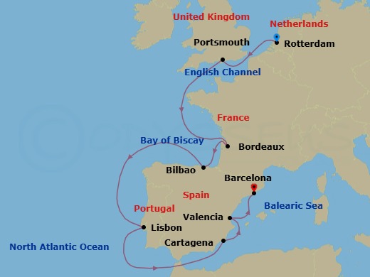 10 Night - Around the Iberian Peninsula : Spain & Portugal - Rotterdam - Starting in Rotterdam, the Netherlands, Portsmouth UK, Le Verdon (Bordeaux), France, Bilbao, Lisbon, Portugal, Cartagena ES, Valencia, Spain, Barcelona, Spain itinerary map