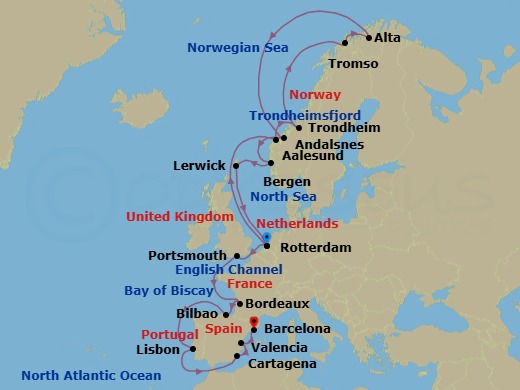 24 Night - Arctic Circle, Northern Lights & Iberian Peninsula - Rotterdam - Starting in Rotterdam, the Netherlands, Alesund, Norway, Trondheim, Norway, Scenic Cruising Trondheimsfjord, Crossing the Arctic Circle, Tromso, Norway, Alta, Norway, Crossing the Arctic Circle, Andalsnes, Norway, Bergen, Norway, Lerwick, Shetland Islands, United Kingdom, Rotterdam, the Netherlands, Portsmouth UK, Le Verdon (Bordeaux), France, Bilbao, Lisbon, Portugal, Cartagena ES, Valencia, Spain, Barcelona, Spain itinerary map