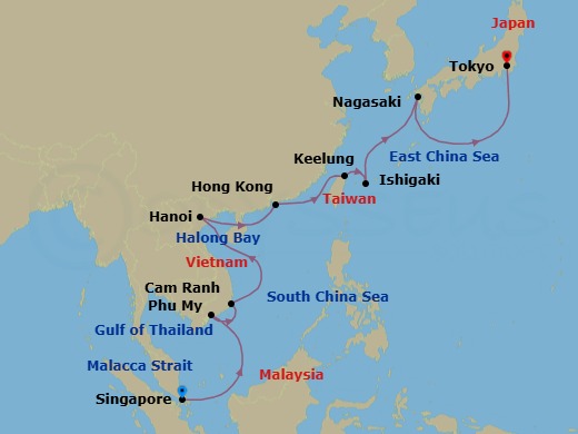 15 Night - Southeast Asia & Japan - Sapphire Princess - Starting in Singapore, Ho Chi Minh City (Phu My), Vietnam, Cam Ranh (Nha Trang), Vietnam, Halong Bay / Hanoi (Cai Lan), Vietnam, Scenic Cruising Halong Bay, Hong Kong, Taipei (Keelung), Ishigaki, Japan, Nagasaki, Japan, Tokyo, Japan itinerary map