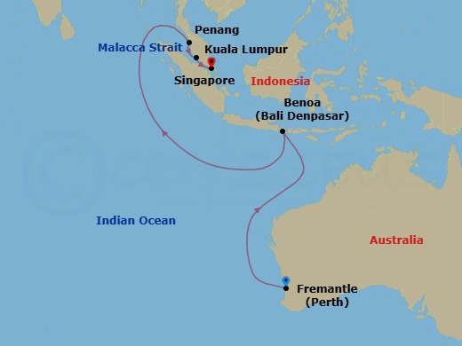 11 Night - Treasures of Southeast Asia - Sapphire Princess - Starting in Perth (Fremantle), Australia, Bali (Benoa), Indonesia, Penang, Malaysia, Kuala Lumpur (Port Kelang), Malaysia, Singapore itinerary map