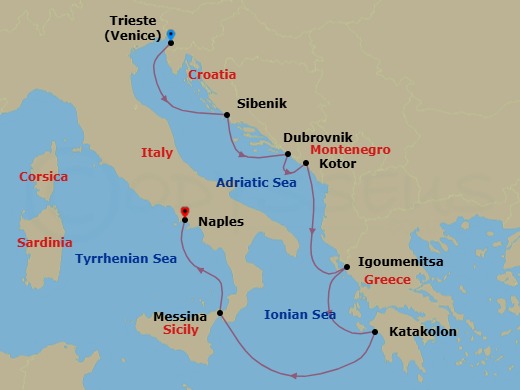 7 Night - Adriatic & Aegean Havens - Oceania Allura - Starting in Trieste, Sibenik, Dubrovnik, Croatia, Kotor, Igoumenitsa, Katakolon, Messina (Sicily), Naples / Pompeii itinerary map
