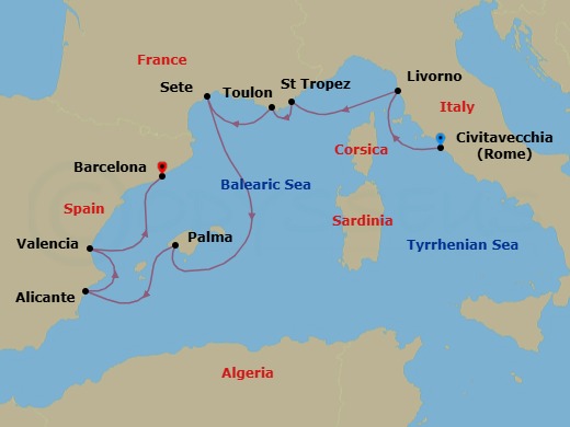 9 Night - Glories of the Adriatic - Oceania Allura - Starting in Rome (Civitavecchia), Florence / Pisa / Tuscany (Livorno), Saint-Tropez, Toulon, Sete, Palma De Mallorca, Alicante, Valencia, Barcelona itinerary map