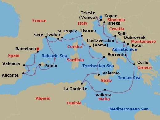 21 Night - Venetian to Valencian Sun - Oceania Allura - Starting in Trieste, Koper, Rijeka, Split, Dubrovnik, Croatia, Kotor, Corfu, Valletta, Tunis (La Goulette), Palermo (Sicily), Sorrento / Capri, Rome (Civitavecchia), Florence / Pisa / Tuscany (Livorno), Saint-Tropez, Toulon, Sete, Palma De Mallorca, Alicante, Valencia, Barcelona itinerary map