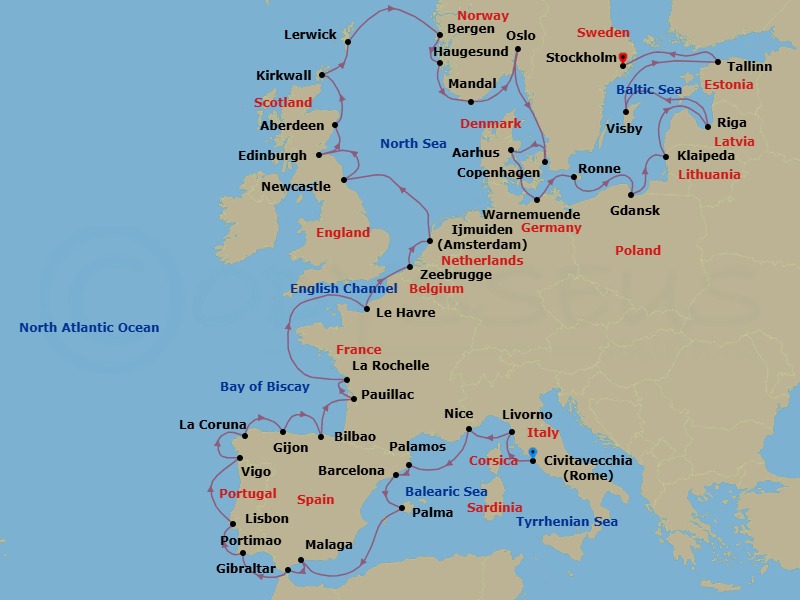 43 Night - Grand Continental Odyssey - Oceania Sonata - Starting in Rome (Civitavecchia), Florence / Pisa / Tuscany (Livorno), Villefranche, Palamos, Barcelona, Palma De Mallorca, Malaga, Gibraltar, Portimao, Lisbon, Santiago De Compostela (Vigo), La Coruna, Gijon, Spain, Bilbao, Bordeaux (Pauillac), La Rochelle, France, Paris (Le Havre), Bruges (Zeebrugge), Ijmuiden, Newcastle UK, Edinburgh (Newhaven), Aberdeen, Kirkwall (Orkney Islands), Lerwick (Shetland Islands), Bergen, Haugesund, Mandal, Oslo, Copenhagen, Aarhus, Berlin (Warnemunde), Ronne (Bornholm), Gdansk (Gdynia), Klaipeda, Riga, Visby, Sweden, Tallinn, Stockholm itinerary map