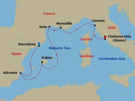 7 Night - Spain, Provence & Tuscany - Oceania Allura - Starting in Barcelona, Alicante, Palma De Mallorca, Sete, Provence (Marseille), Florence / Pisa / Tuscany (Livorno), Rome (Civitavecchia) itinerary map