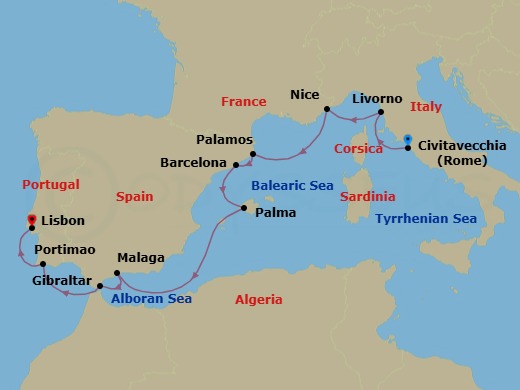 10 Night - Renaissance to Algarve Sun - Oceania Sonata - Starting in Rome (Civitavecchia), Florence / Pisa / Tuscany (Livorno), Villefranche, Palamos, Barcelona, Palma De Mallorca, Malaga, Gibraltar, Portimao, Lisbon itinerary map