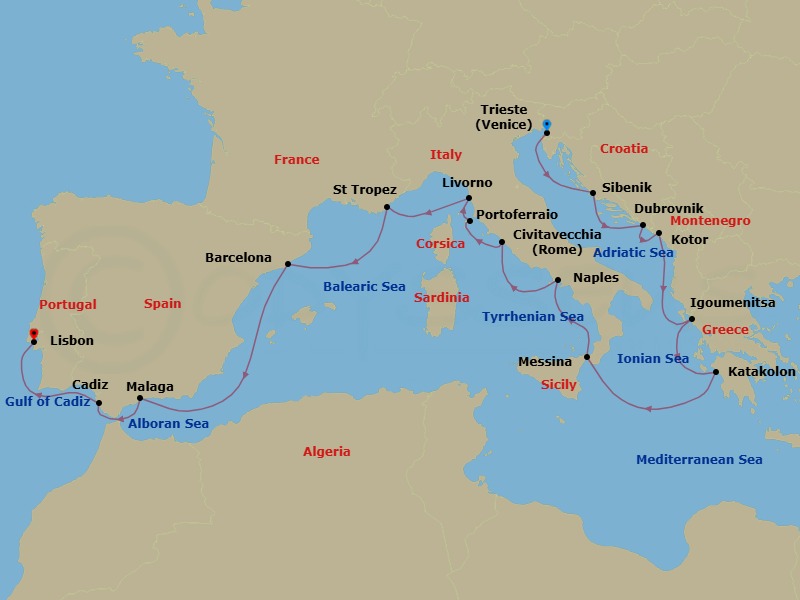 17 Night - Dalmation Soul & Andalusia - Oceania Allura - Starting in Trieste, Sibenik, Dubrovnik, Croatia, Kotor, Igoumenitsa, Katakolon, Messina (Sicily), Naples / Pompeii, Rome (Civitavecchia), Portoferraio (Elba), Florence / Pisa / Tuscany (Livorno), Saint-Tropez, Barcelona, Malaga, Seville (Cadiz), Lisbon itinerary map