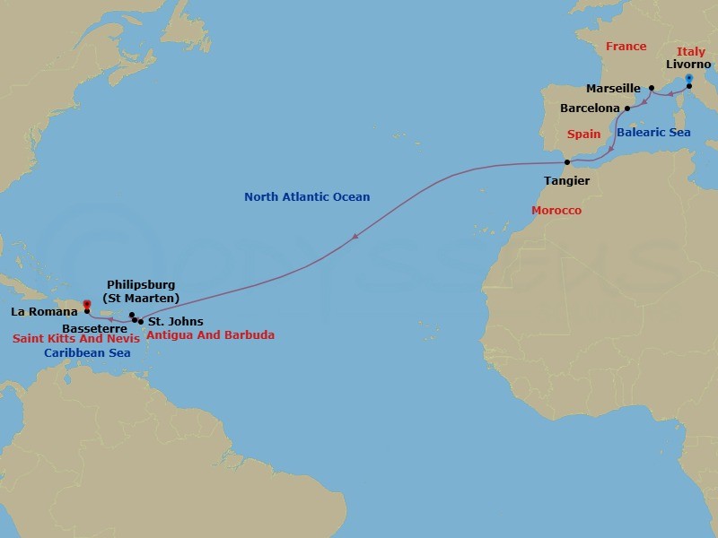 16 Night - Msc Grand Voyages - MSC Opera - Starting in Livorno (Florence), Italy, Marseille (Provence), France, Barcelona, Spain, Tangier (Tetouan), Morocco, St Johns AG, Antigua, Philipsburg, St Maarten, Basseterre, St Kitts and Nevis, La Romana, Dominican Republic itinerary map