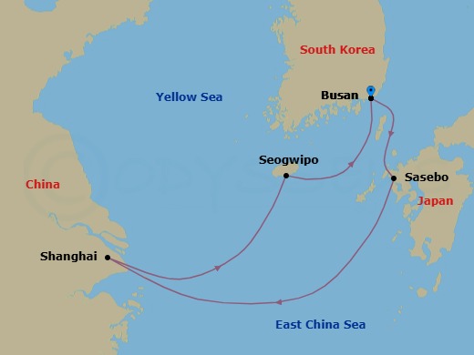 5 Night - Japan Roundtrip from Busan - Costa Serena - Starting in Pusan, Sasebo, Shanghai, Seogwipo (Jeju), Pusan itinerary map
