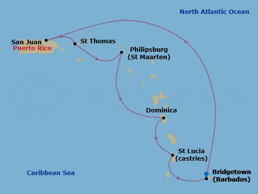 7 Night - Southern Caribbean with St. Lucia - Emerald Princess - Starting in Barbados, San Juan, Puerto Rico, St Thomas, US Virgin Islands, St Maarten, Dominica, St Lucia, Barbados itinerary map