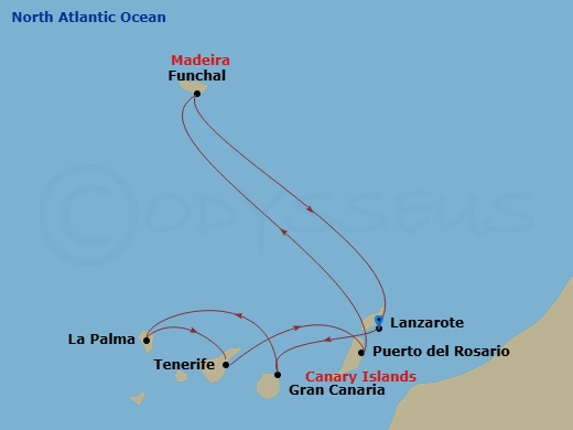 8 Night - Canary Islands and Madeira - MSC Fantasia - Starting in Arrecife De Lanzarote (Canary Islands), Spain, Las Palmas de Gran Canaria (Canary Islands), Spain, Santa Cruz de La Palma, Santa Cruz de Tenerife, Puerto Del Rosario / Fuerteventura, Spain, Funchal (Madeira Islands), Portugal, Arrecife De Lanzarote (Canary Islands), Spain itinerary map
