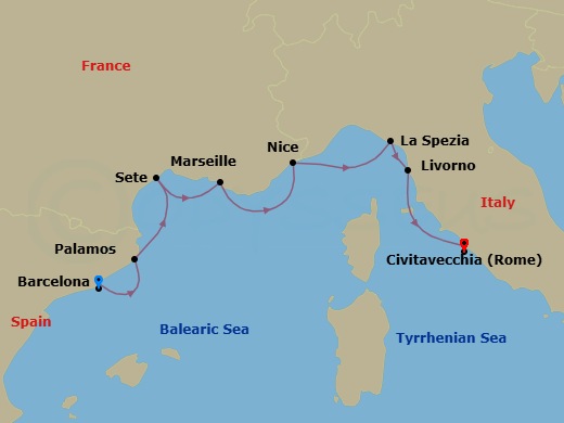 7 Night - Relaxation & Romance - Oceania Sonata - Starting in Barcelona, Palamos, Sete, Provence (Marseille), Villefranche, Cinque Terre (La Spezia), Florence / Pisa / Tuscany (Livorno), Rome (Civitavecchia) itinerary map