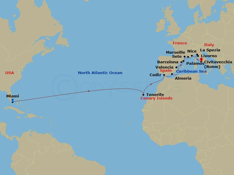 21 Night - Old Country in Bloom - Oceania Sonata - Starting in Miami, Santa Cruz de Tenerife, Seville (Cadiz), Almeria, Valencia, Barcelona, Palamos, Sete, Provence (Marseille), Villefranche, Cinque Terre (La Spezia), Florence / Pisa / Tuscany (Livorno), Rome (Civitavecchia) itinerary map