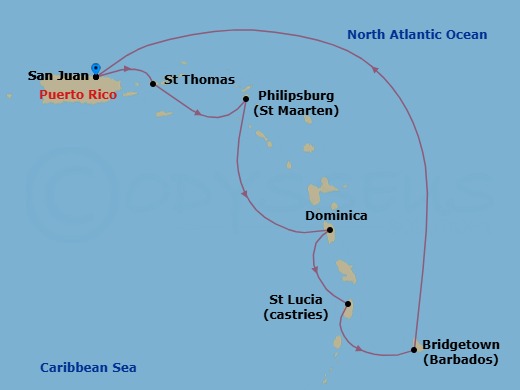 7 Night - Southern Caribbean with Barbados and St. Lucia - Emerald Princess - Starting in San Juan, Puerto Rico, St Thomas, US Virgin Islands, St Maarten, Dominica, St Lucia, Barbados, San Juan, Puerto Rico itinerary map