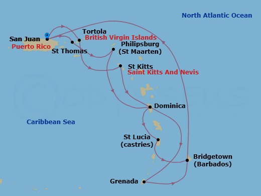 14 Night - Southern Caribbean Adventurer - Emerald Princess - Starting in San Juan, Puerto Rico, Tortola, British Virgin Islands, St Kitts, Dominica, Grenada, Barbados, San Juan, Puerto Rico, St Thomas, US Virgin Islands, St Maarten, Dominica, St Lucia, Barbados, San Juan, Puerto Rico itinerary map