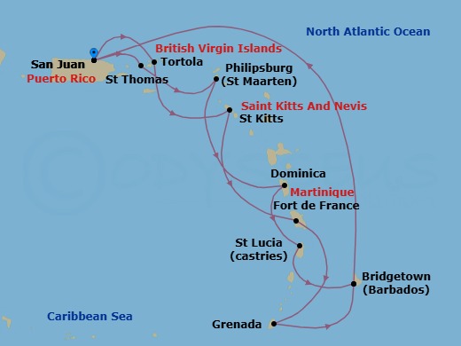 14 Night - Southern Caribbean Adventurer - Emerald Princess - Starting in San Juan, Puerto Rico, St Thomas, US Virgin Islands, St Maarten, Dominica, St Lucia, Barbados, San Juan, Puerto Rico, Tortola, British Virgin Islands, St Kitts, Martinique, Grenada, Barbados, San Juan, Puerto Rico itinerary map