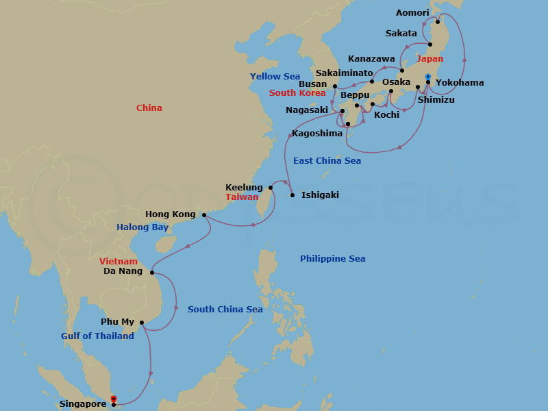 28 Night - Circle Japan Fall Foliage & Southeast Asia - Diamond Princess - Starting in Tokyo (Yokohama), Japan, Aomori, Japan, Sakata, Japan, Kanazawa, Japan, Sakaiminato, Japan, Busan, South Korea, Nagasaki, Japan, Kagoshima, Japan, Beppu, Japan, Kochi, Japan, Osaka (for Kyoto), Japan, Shimizu (for Mount Fuji), Japan, Tokyo (Yokohama), Japan, Kagoshima, Japan, Nagasaki, Japan, Ishigaki, Japan, Taipei (Keelung), Hong Kong, Da Nang / Hue (Chan May), Vietnam, Ho Chi Minh City (Phu My), Vietnam, Singapore itinerary map