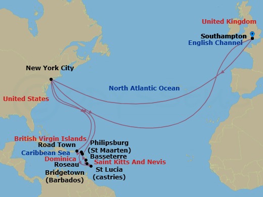 30 Night - Transatlantic Crossing and Caribbean Celebration - Queen Mary 2 - Starting in Southampton, England, UK, New York, NY, Road Town, Tortola, Philipsburg, St Maarten, Bridgetown, Barbados, Castries, St Lucia, Roseau, Dominica, Basseterre, St Kitts, New York, NY, Southampton, England, UK itinerary map